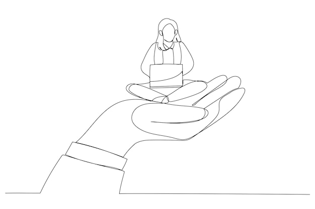 Caricature d'une main géante tenant un homme d'affaires qui travaille sur un ordinateur portable métaphore pour le soutien aux entreprises de soins aux employés Style d'art en ligne continue
