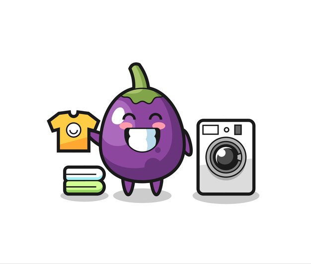 Caricature De Mascotte D'aubergine Avec Machine à Laver