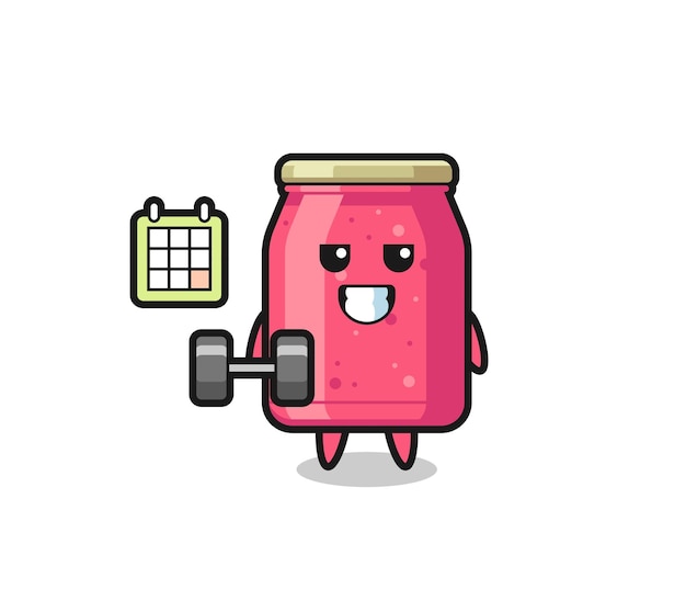 Caricature De Mascotte De Confiture De Fraises Faisant Du Fitness Avec Haltère, Design Mignon