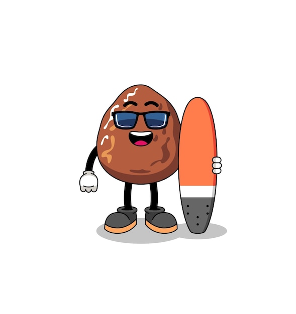 Caricature de mascotte de fruit de datte en tant que personnage de surfeur