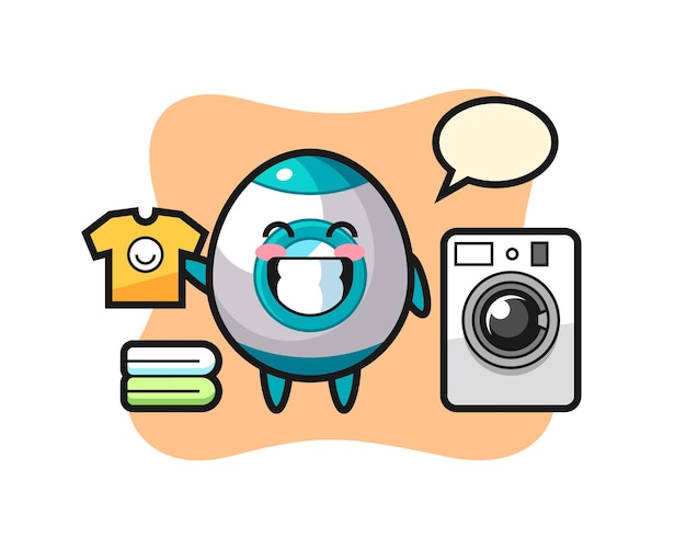 Caricature de mascotte de fusée avec machine à laver, design de style mignon pour t-shirt, autocollant, élément de logo
