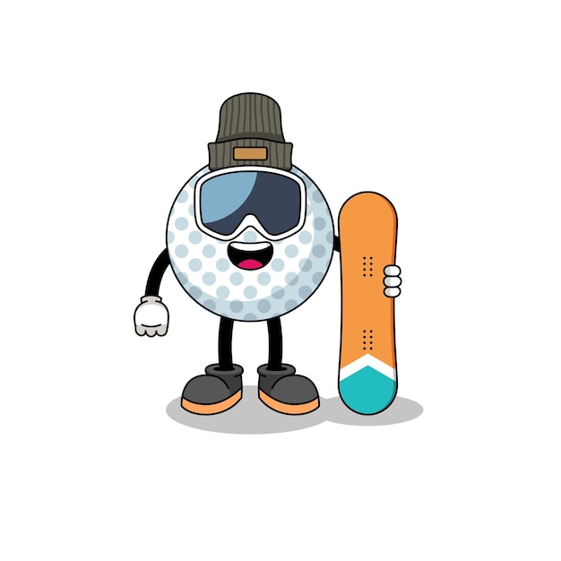 Caricature de mascotte de joueur de snowboard balle de golf