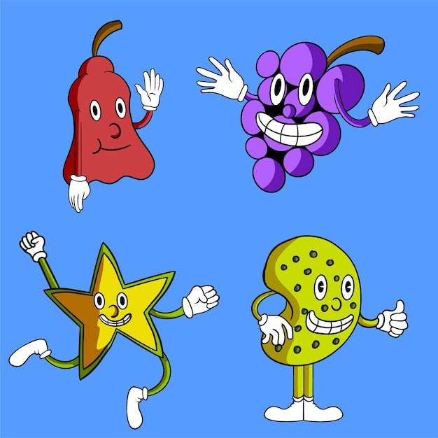 Vecteur caricature de mascottes de fruits mignons multicolores