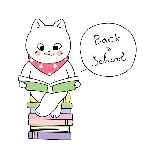 Caricature mignon livre de lecture de chat à l'école