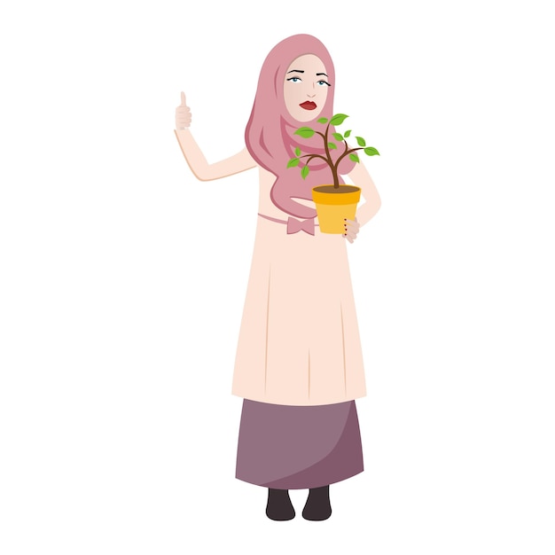 Vecteur caricature de muslimah tenant un pot de fleur