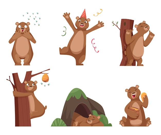 Caricature D'ours Animal Drôle Sauvage En Action Pose Ours Comique Brun Avec Jeu De Caractères Vectoriels Exacts De Miel