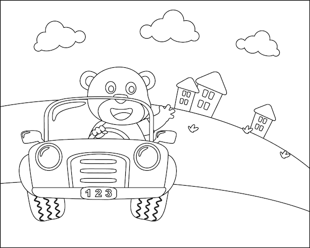 Vecteur caricature d'ours mignon s'amusant à conduire une voiture de ville par une journée ensoleillée livre ou page de coloriage