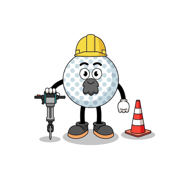 Caricature De Personnage De Balle De Golf Travaillant Sur La Construction De Routes