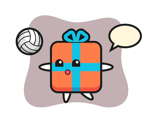 Caricature De Personnage De Boîte-cadeau Joue Au Volleyball