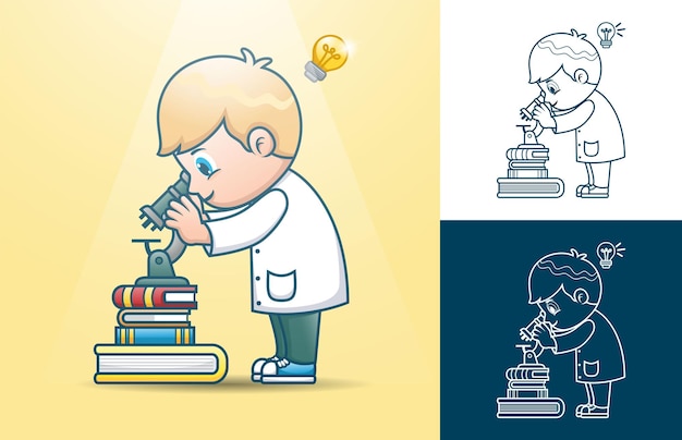 Caricature De Petit Scientifique Regardant à Travers Un Microscope Sur Une Pile De Livres