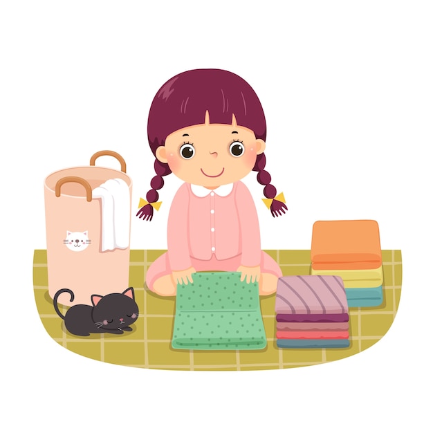 Caricature D'une Petite Fille Pliant Des Vêtements. Enfants Faisant Des Tâches Ménagères Au Concept De La Maison.