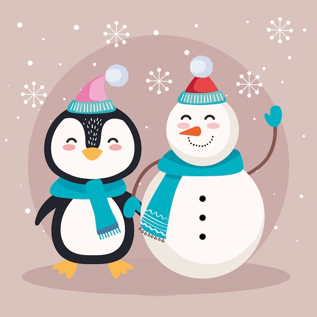 Caricature De Pingouin Et Bonhomme De Neige Avec Un Design De Chapeau Joyeux Noël, Saison D'hiver Et Thème De Décoration