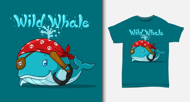 Caricature De Pirate De Baleine Bleue. Avec Un Design De T-shirt.