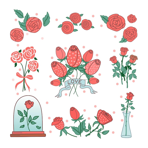 Caricature De Roses Sur Fond Blanc. Pour La Décoration De Cartes Postales, Invitations, Photos. Vecteur.