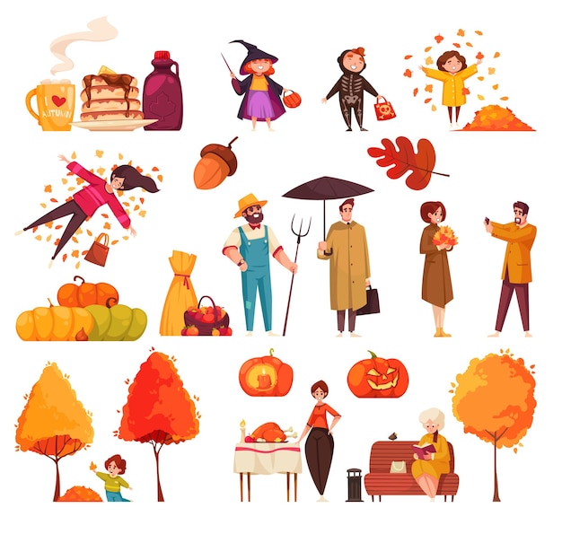 Vecteur caricature de symboles d'automne sertie de feuilles qui tombent et de citrouilles d'halloween illustration vectorielle isolée