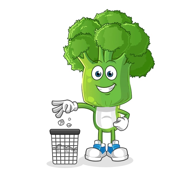 Caricature de tête de brocoli Jeter le vecteur de dessin animé de mascotte d'ordures