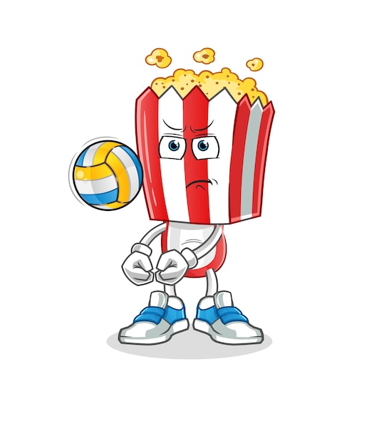 Caricature De Tête De Pop-corn Jouer Vecteur De Dessin Animé De Mascotte De Volley-ball