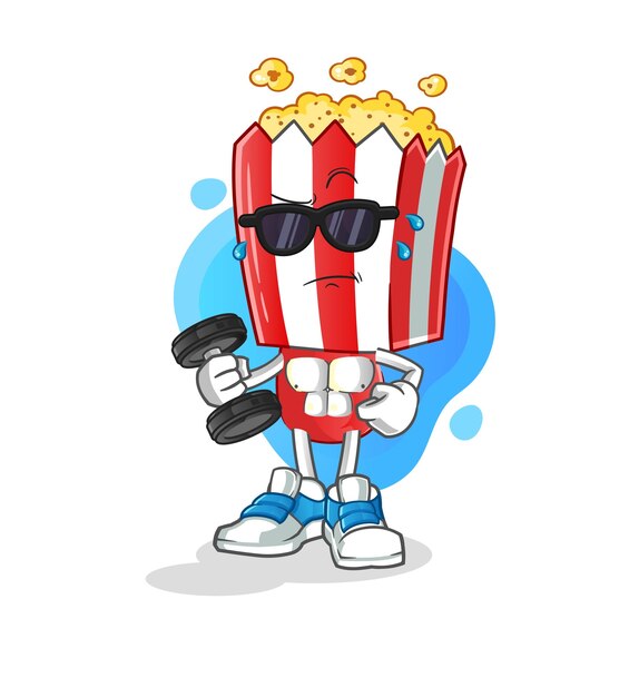 Caricature De Tête De Pop-corn Soulevant Le Personnage De Dessin Animé De Vecteur D'haltère