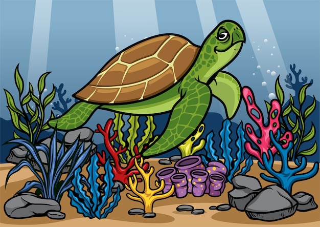 Caricature De Tortue Sous L'eau Avec Beau Corail