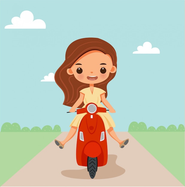 Caricature De Vecteur D'excitante Jolie Fille Sur Une Moto.