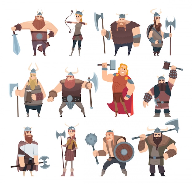 Caricature De Viking. Personnages Scandinaves De La Mythologie Norvégienne Costume Vikings Guerrier Mâle Et Femelle Illustrations