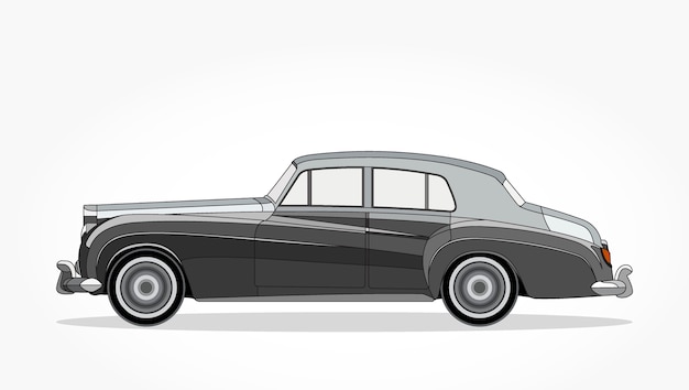 Vecteur caricature de voiture berline classique gris avec effet de côté et ombre détaillée