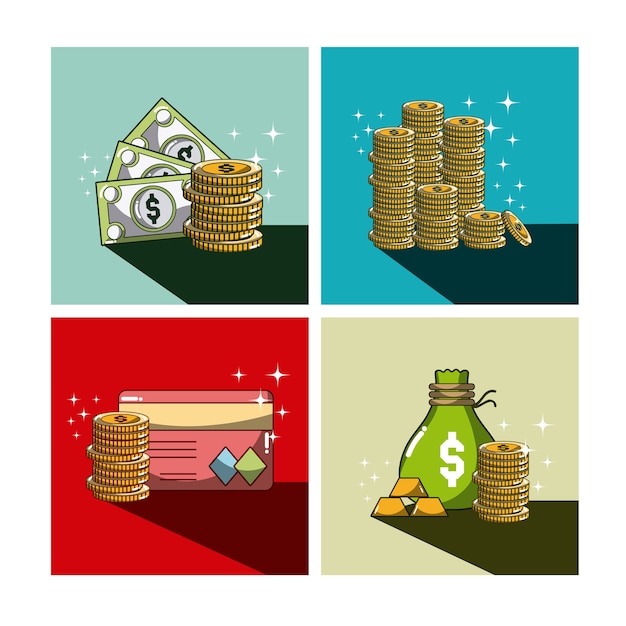 Caricatures De L'argent Et De L'investissement Dans Des Cadres Colorés Vector Illustration Design Graphique