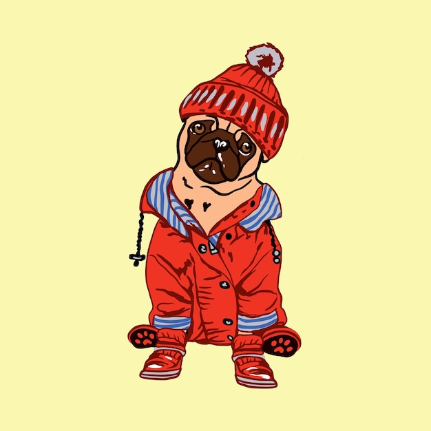 Carlin hipster dans une veste rouge bonnet rouge et bottes rouges Illustration vectorielle de chiens