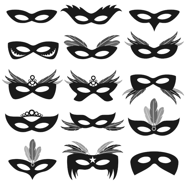 Carnaval noir parti masques isolés sur blanc vector ensemble