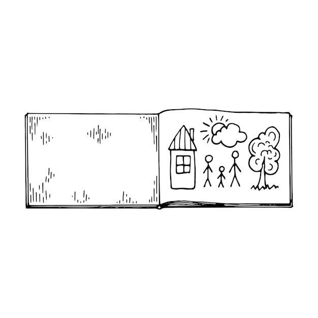 Carnet de croquis ouvert avec des enfants dessinant des dessins au trait Éducation scolaire Illustration vectorielle de doodle dessinés à la main