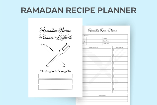 Carnet de recettes pour le festival du Ramadan Repas du Ramadan et intérieur de suivi des recettes alimentaires avec la liste de contrôle Vecteur de modèle de journal de recettes du festival musulman Intérieur spécial du journal de recettes