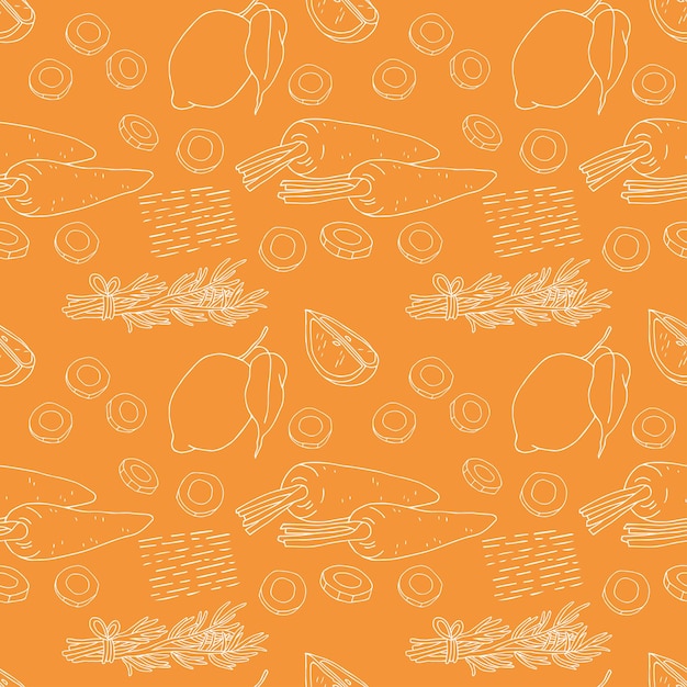 Vecteur carotte, citron, romarin et éléments décoratifs blancs isolés sur fond orange vecteur sans soudure