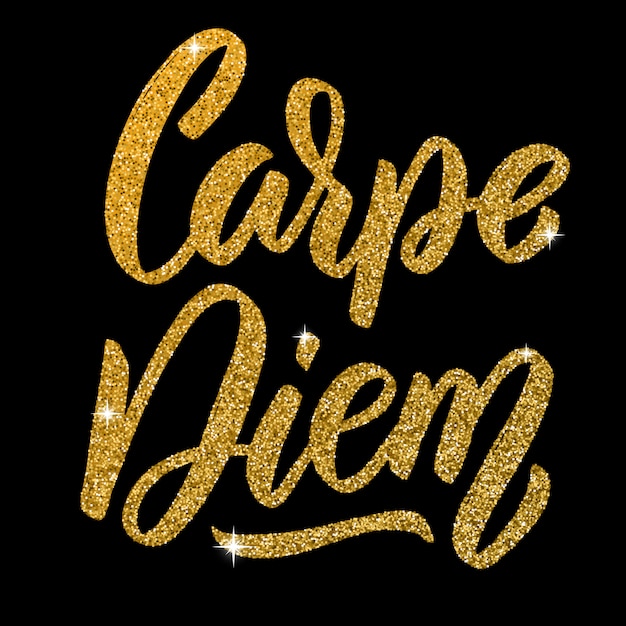 Carpe Diem. Expression de lettrage dessiné à la main dans un style doré sur fond sombre. élément pour affiche, carte de voeux. illustration