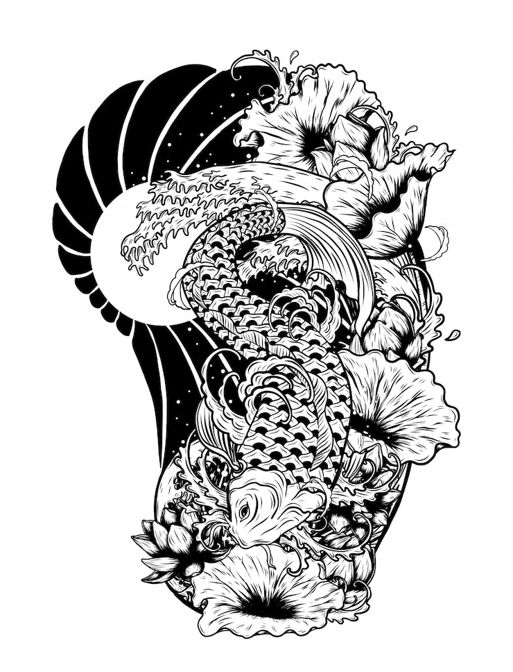 Vecteur carpe de poisson avec tatouage de vecteur de lotus à la main dessin