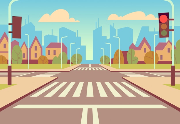 Carrefour de la ville de bande dessinée avec feux de circulation, trottoir, passage pour piétons et paysage urbain. Routes vides pour l'illustration vectorielle de trafic automobile