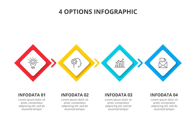 Carrés blancs avec des lignes fines pour infographie. Modèle de présentation de la chronologie avec 4 options.
