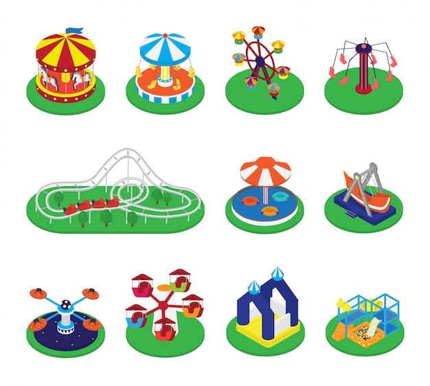 Carrousel, Vecteur, Manège, Ou, Rond-point, Et, Carnaval, Cirque, De, Parc Attractions, Illustration, Ensemble