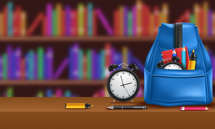 Vecteur cartable réaliste avec papeterie. retour à l'école. sac à dos étudiant rouge