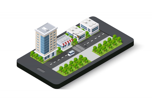 Carte 3D du téléphone portable ville isométrique dans la rue.