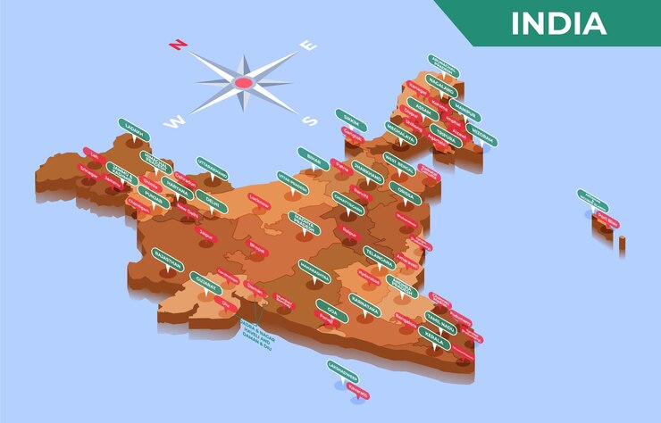 Carte 3D isométrique des régions et des divisions administratives de l'Inde