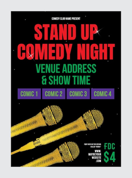 Vecteur carte d'affiche moderne de l'émission de comédie stand up microphone brillant micro ouvert nuit fond noir