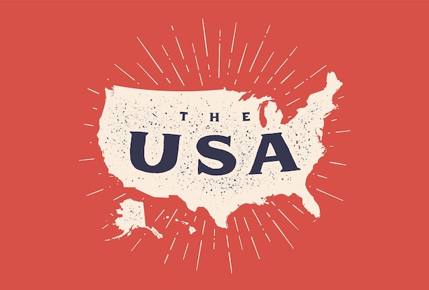 Carte d'affiche des États-Unis des États-Unis d'Amérique Carte imprimée des États-Unis pour affiche de t-shirt Carte dessinée à la main avec style avec dessin linéaire rayons lumineux sunburst et rayons de soleil Illustration vectorielle