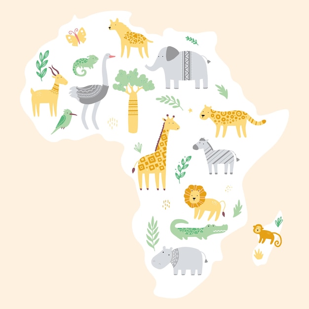 Carte De L’afrique Avec Des Animaux De Zoo Africains Mignons | Vecteur