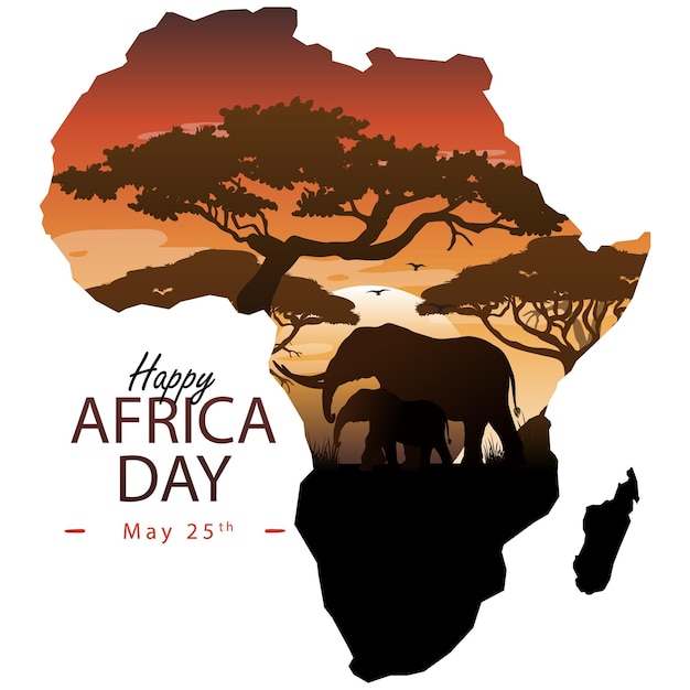 Vecteur carte de l'afrique, happy africa day, 15 mai, dessin vectoriel, éléphants et jungle