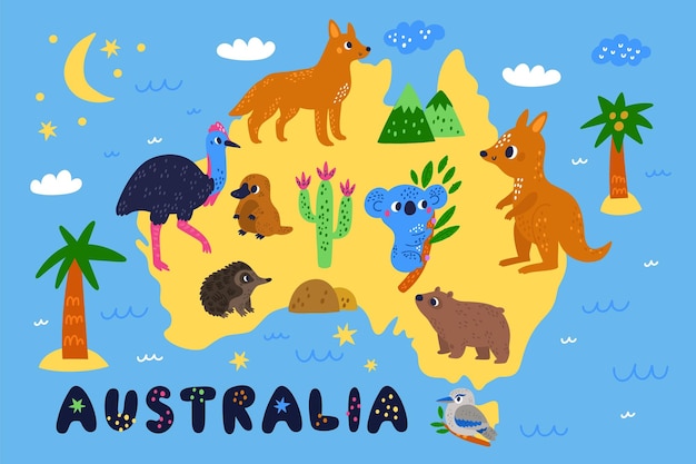 Carte Des Animaux Australiens Faune Mignonne Exotique Ornithorynque Et Koala Drôles Personnages De Mammifères Pour Enfants Kangourou Ou échidné Diable De Tasmanie Habitat D'autruche Kookaburra Et De Dingo Concept Vectoriel