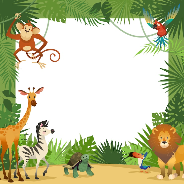 Vecteur carte d'animaux de la jungle. cadre animal tropical feuilles salutation bébé bannière zoo frontière modèle fête enfants