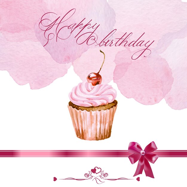 Carte D'anniversaire Avec Cupcake Aquarelle. Illustration Vectorielle.