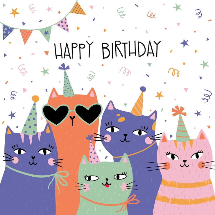 Vecteur carte d'anniversaire dessinée à la main avec des chats drôles avec un chapeau d'année et des lettres happy birthday