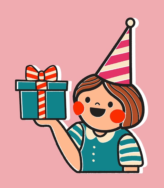 Vecteur carte d'anniversaire avec une fille de dessin animé tenant une illustration de boîte à cadeaux sur fond rose style autocollant