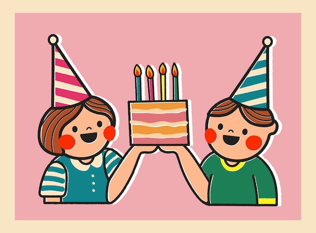 Vecteur carte d'anniversaire avec une fille et un garçon de dessins animés tenant une illustration de gâteau sur fond rose autocollant